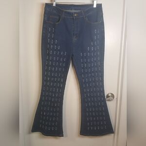 Dark Blue Stretch Allover Distressed Holes Flare Denim Jeans 1X NWOT